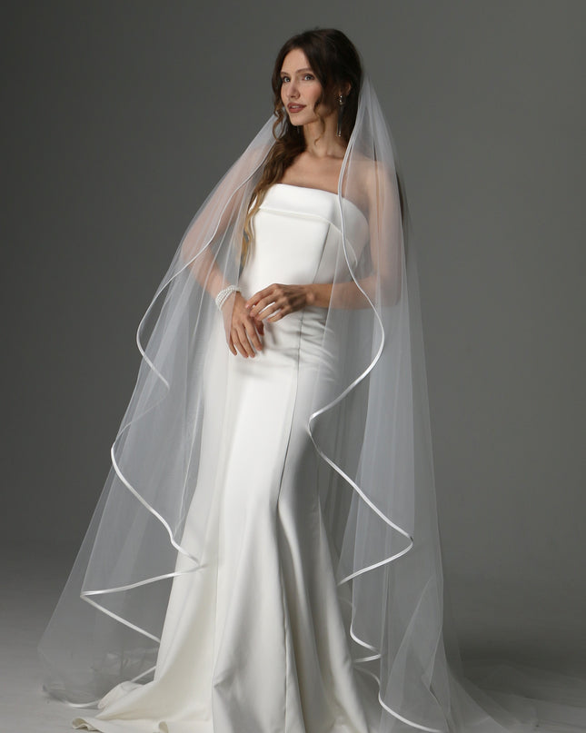 Minimalist Cascading Veil, One Layer Satin Ribbon Edge Veil, Simple Bridal Veil
