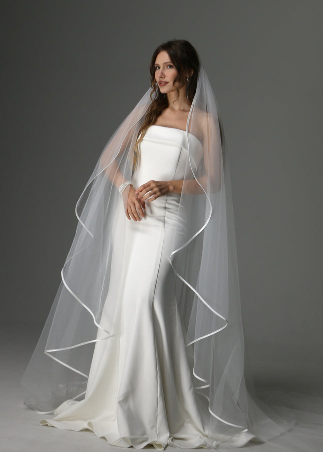 Minimalist Cascading Veil, One Layer Satin Ribbon Edge Veil, Simple Bridal Veil