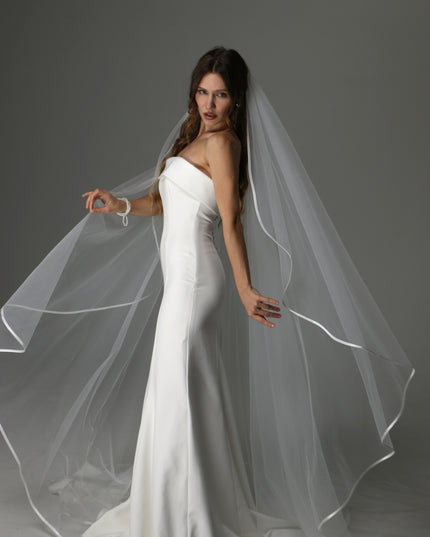 Minimalist Cascading Veil, One Layer Satin Ribbon Edge Veil, Simple Bridal Veil