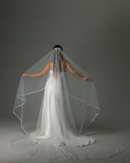 Minimalist Cascading Veil, One Layer Satin Ribbon Edge Veil, Simple Bridal Veil
