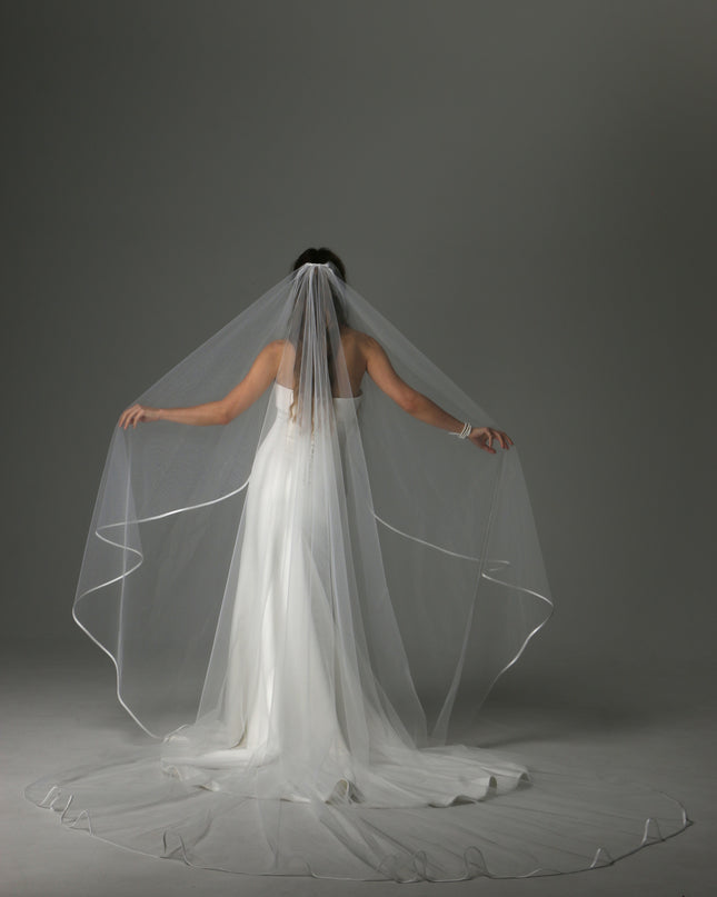 Minimalist Cascading Veil, One Layer Satin Ribbon Edge Veil, Simple Bridal Veil