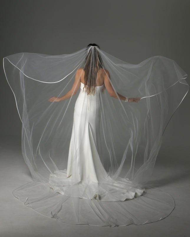 Minimalist Cascading Veil, One Layer Satin Ribbon Edge Veil, Simple Bridal Veil