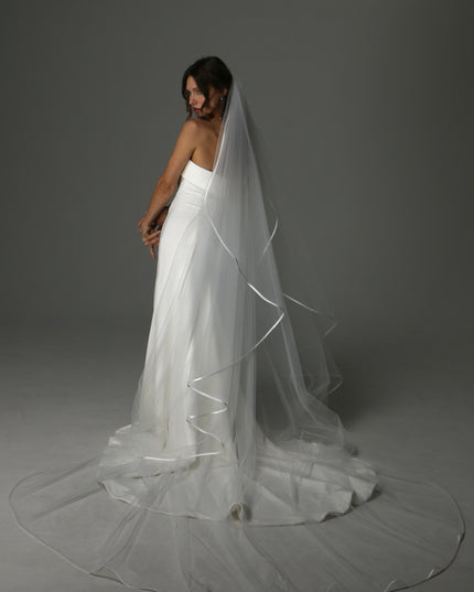 Minimalist Cascading Veil, One Layer Satin Ribbon Edge Veil, Simple Bridal Veil