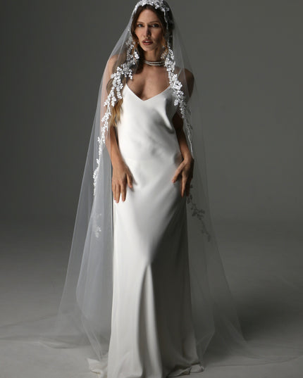 Lace Appliqué Cathedral Veil: One Tier Mantilla, Ivory Tulle