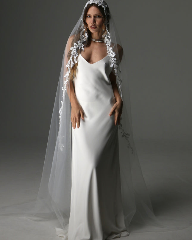 Lace Appliqué Cathedral Veil: One Tier Mantilla, Ivory Tulle