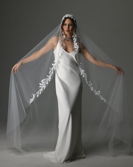 Lace Appliqué Cathedral Veil: One Tier Mantilla, Ivory Tulle