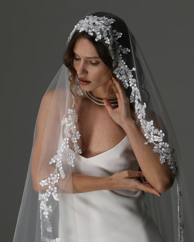 Lace Appliqué Cathedral Veil: One Tier Mantilla, Ivory Tulle