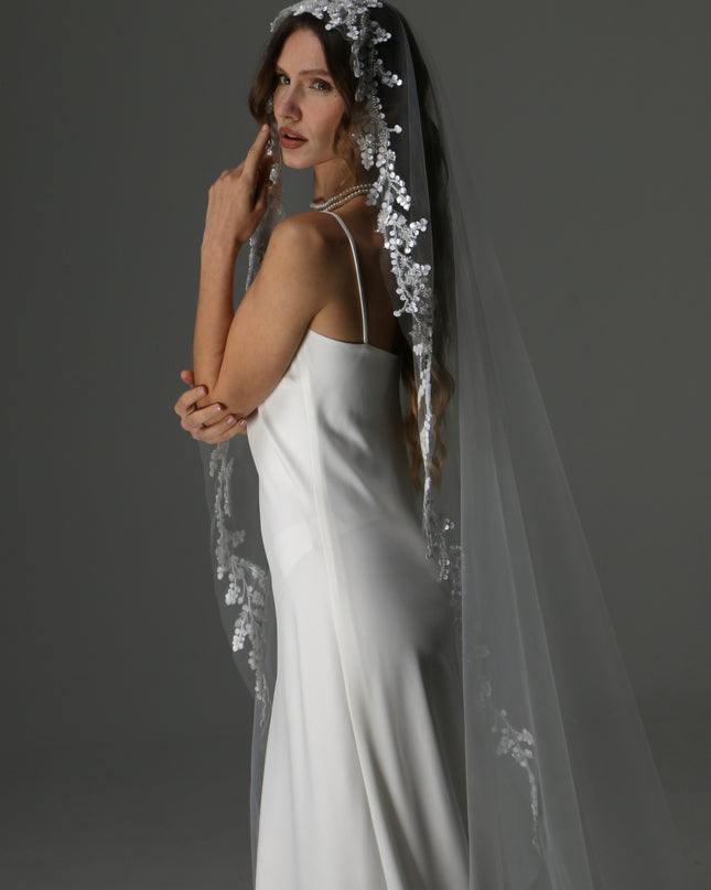 Lace Appliqué Cathedral Veil: One Tier Mantilla, Ivory Tulle