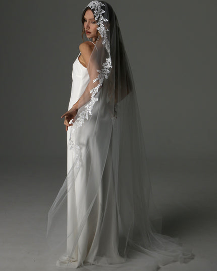 Lace Appliqué Cathedral Veil: One Tier Mantilla, Ivory Tulle