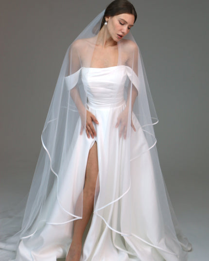 Two tier satin edge veil,Satin trim veil,Satin ribbon veil