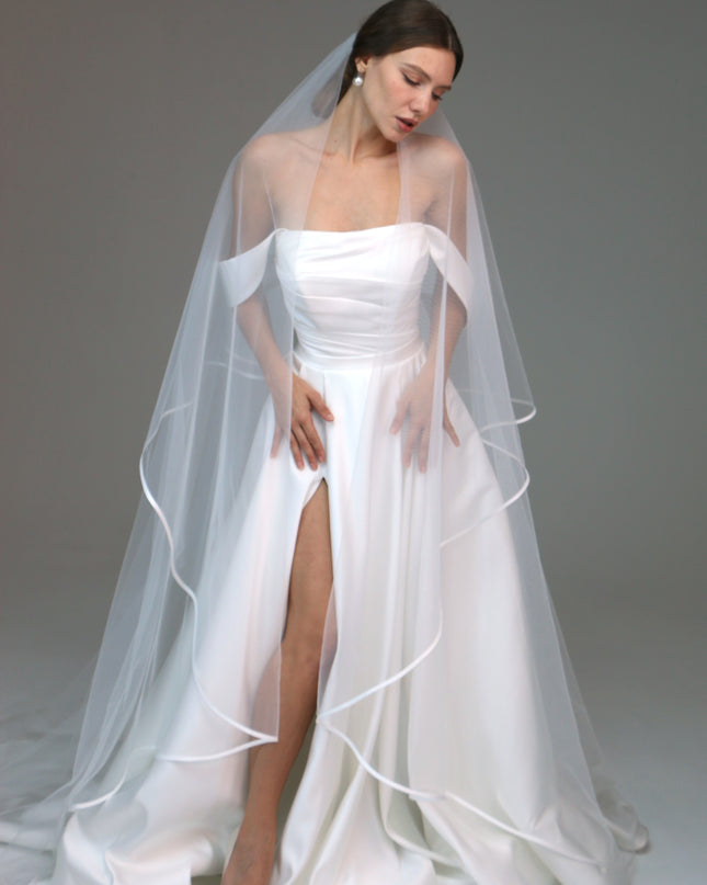 Two tier satin edge veil,Satin trim veil,Satin ribbon veil