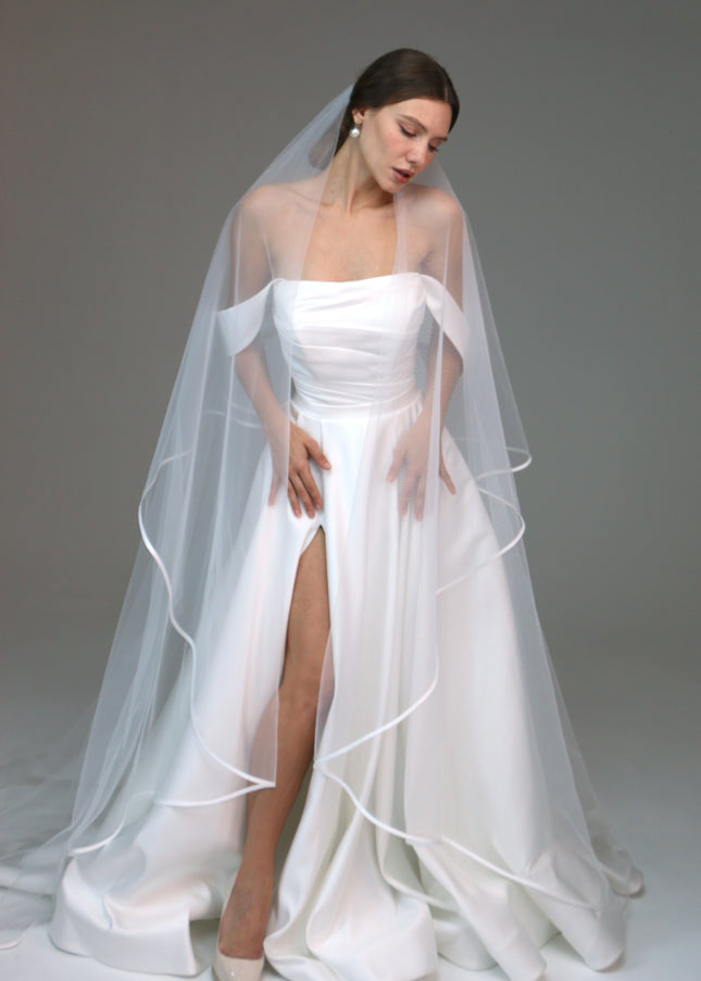 Two tier satin edge veil,Satin trim veil,Satin ribbon veil