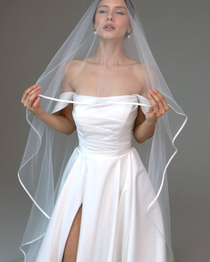 Two tier satin edge veil,Satin trim veil,Satin ribbon veil