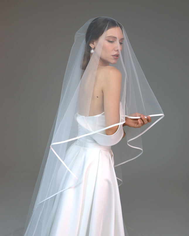 Two tier satin edge veil,Satin trim veil,Satin ribbon veil