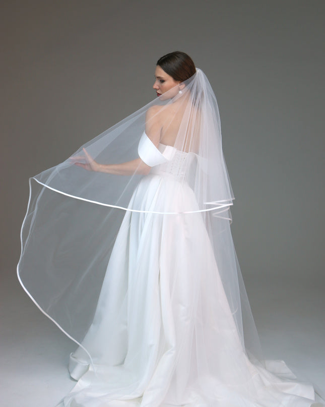 Two tier satin edge veil,Satin trim veil,Satin ribbon veil