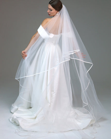 Two tier satin edge veil,Satin trim veil,Satin ribbon veil