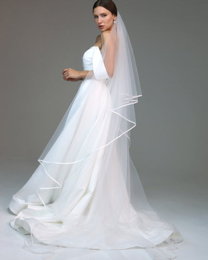 Two tier satin edge veil,Satin trim veil,Satin ribbon veil