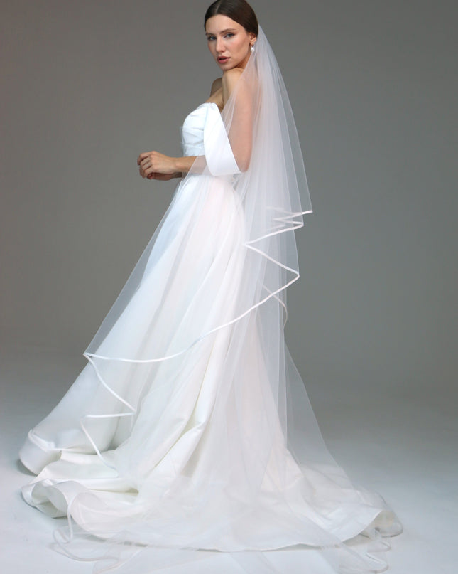 Two tier satin edge veil,Satin trim veil,Satin ribbon veil