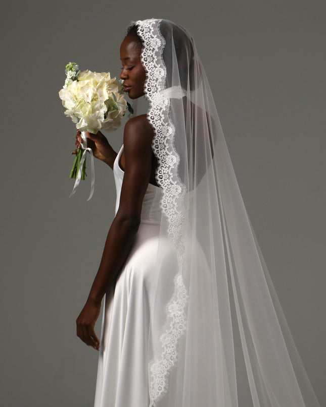 Lace Edge Cathedral Wedding Veil Soft Tulle One Tier