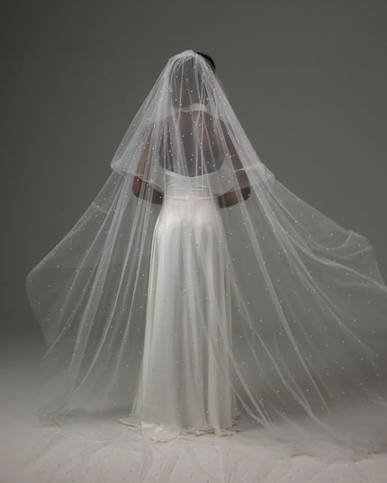 Pearl Cathedral Wedding Veil – Two Tier Soft Tulle Bridal Veil