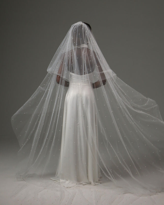Pearl Cathedral Wedding Veil – Two Tier Soft Tulle Bridal Veil