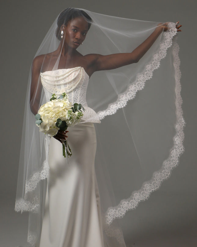 Lace Edge Cathedral Veil Soft Tulle Two Tier Bridal