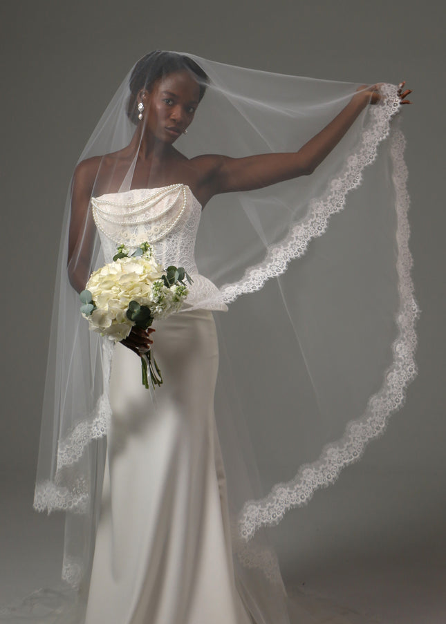 Lace Edge Cathedral Veil Soft Tulle Two Tier Bridal