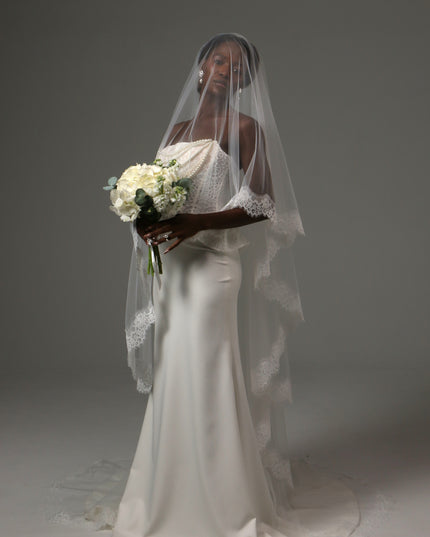 Lace Edge Cathedral Veil Soft Tulle Two Tier Bridal