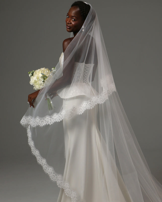 Lace Edge Cathedral Veil Soft Tulle Two Tier Bridal