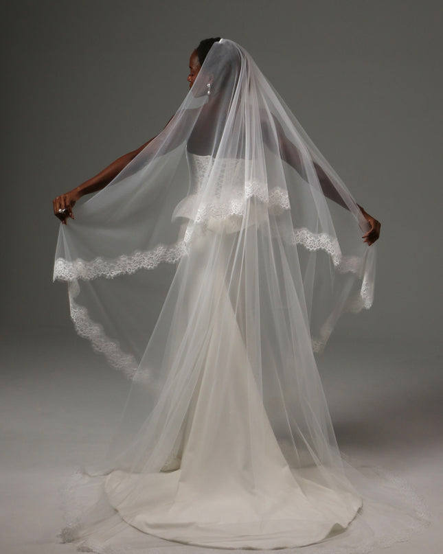 Lace Edge Cathedral Veil Soft Tulle Two Tier Bridal