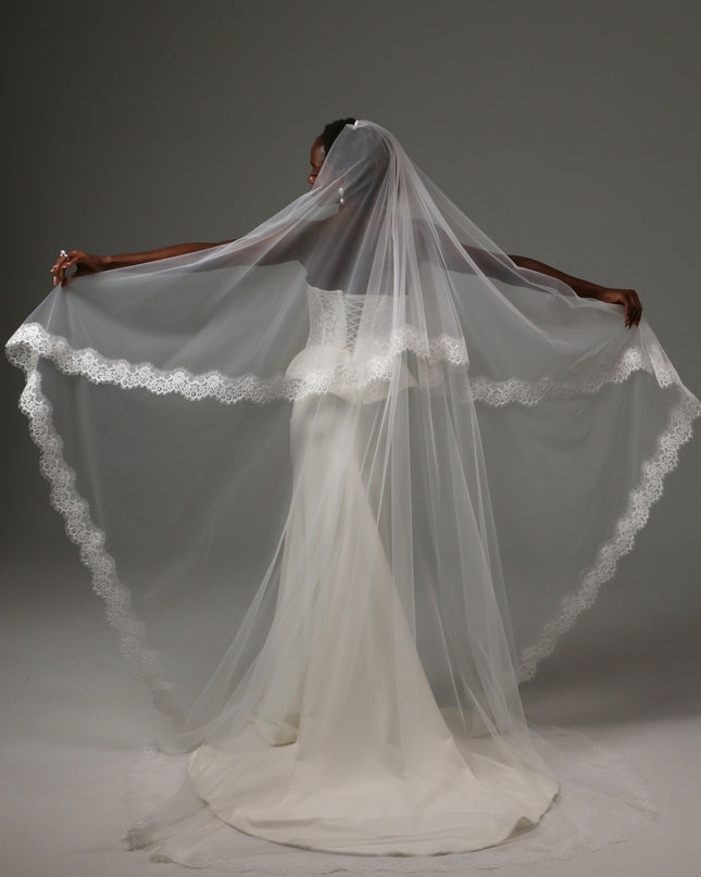 Lace Edge Cathedral Veil Soft Tulle Two Tier Bridal