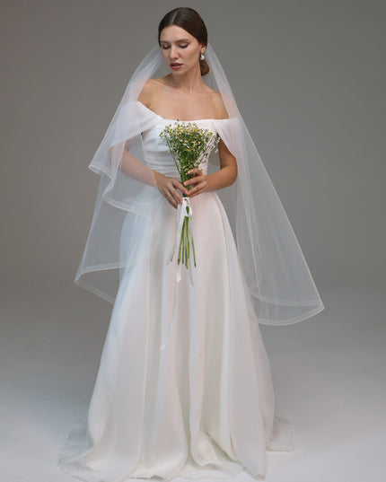 Horsehair Trim Veil, Blusher Veil with Crinoline Edge, Fingertip Length Veil with Tail