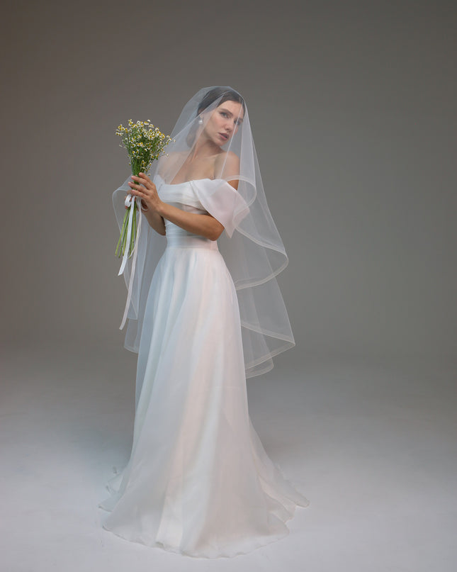 Horsehair Trim Veil, Blusher Veil with Crinoline Edge, Fingertip Length Veil with Tail