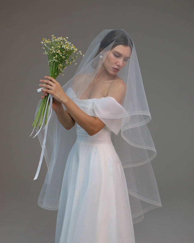 Horsehair Trim Veil, Blusher Veil with Crinoline Edge, Fingertip Length Veil with Tail