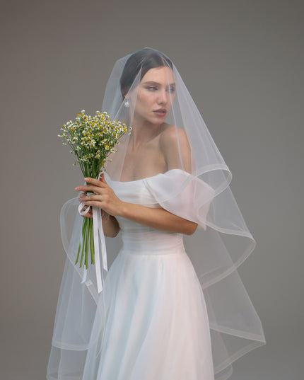 Horsehair Trim Veil, Blusher Veil with Crinoline Edge, Fingertip Length Veil with Tail