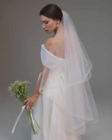 Horsehair Trim Veil, Blusher Veil with Crinoline Edge, Fingertip Length Veil with Tail