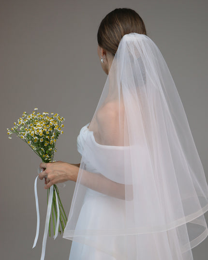 Horsehair Trim Veil, Blusher Veil with Crinoline Edge, Fingertip Length Veil with Tail