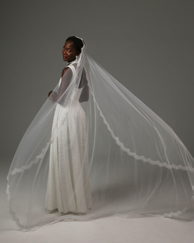 Mantilla Cathedral Wedding Veil Lace Edge Soft Tulle
