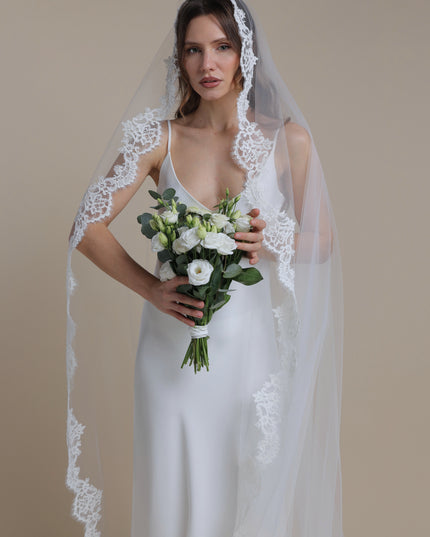 Lace Boho Cathedral Veil: One Tier Mantilla, Ivory Tulle