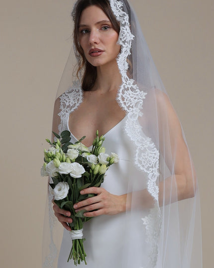 Lace Boho Cathedral Veil: One Tier Mantilla, Ivory Tulle