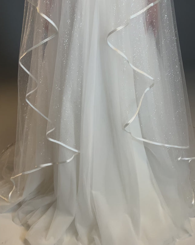 Classic Chapel Wedding Veil with Satin Edge, Glitter, and Ribbon - Long Bridal Veil