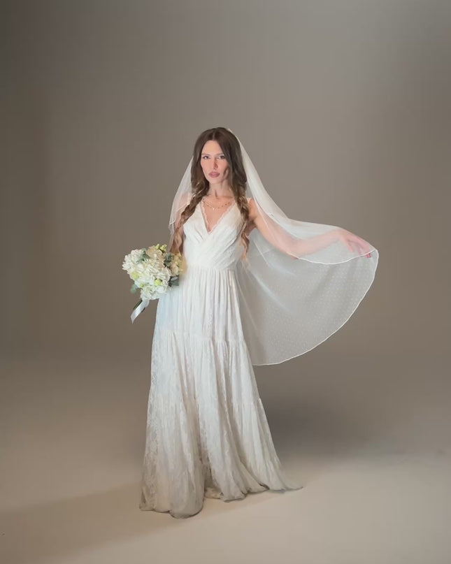 Two Tier Wedding Veil with Pencil Edge, Dotted Tulle Full Bridal Veil at Comb, Classic Romantic Veil