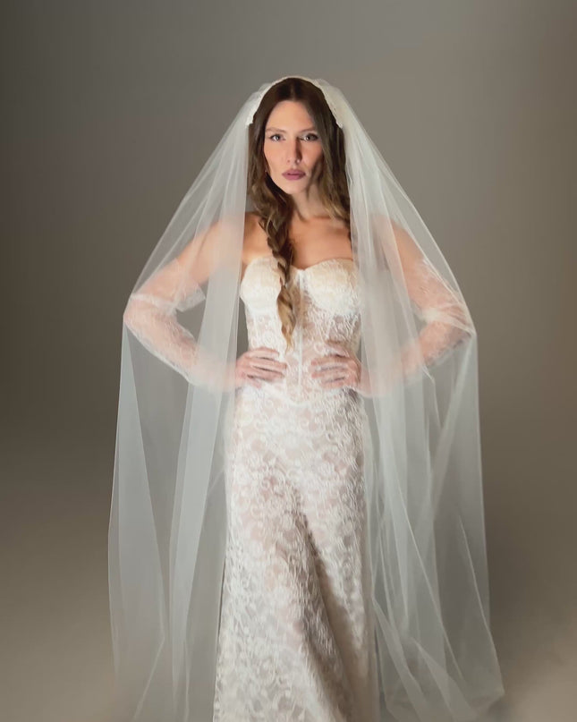 Long Cathedral Wedding Veil with Lace Juliet Cap