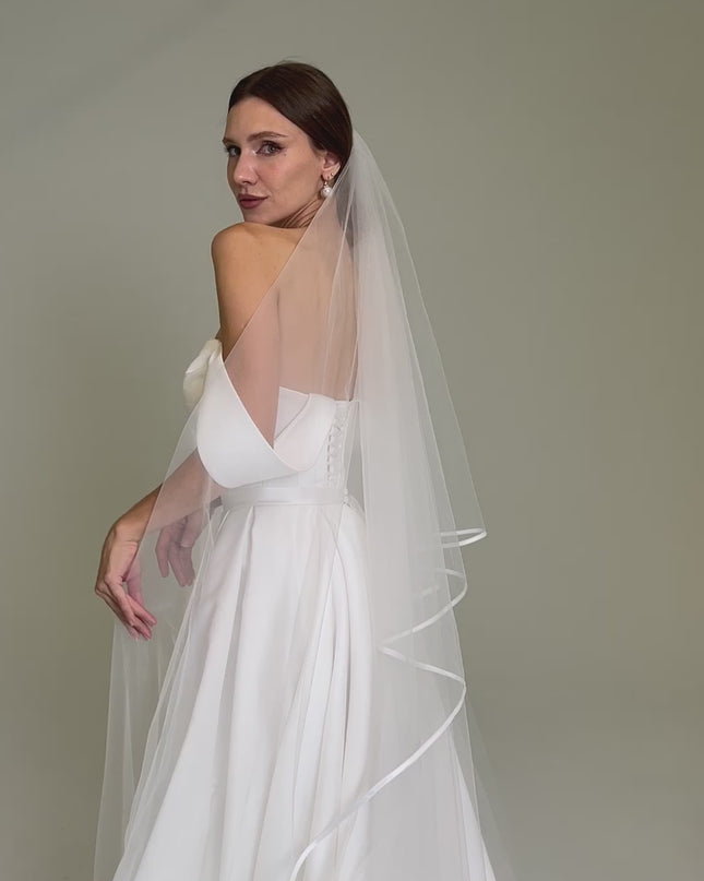 Two tier satin edge veil,Satin trim veil,Satin ribbon veil