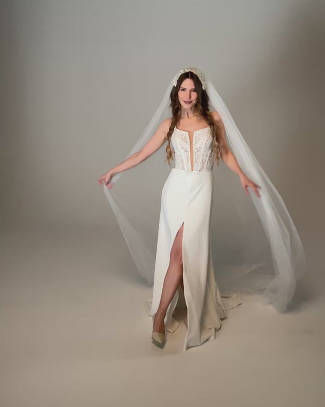 Juliet Cap Wedding Veil with Lace, One Tier Full Bridal Veil at Comb, Soft Tulle Raw Edge Veil