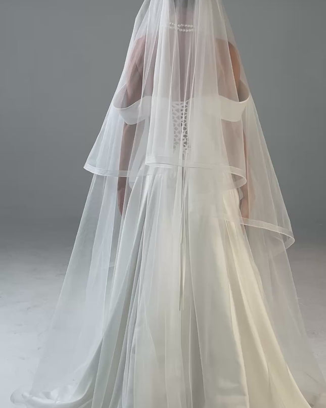 Handmade Two Tier Bridal Veil, Ivory Wedding, Horsehair Trim