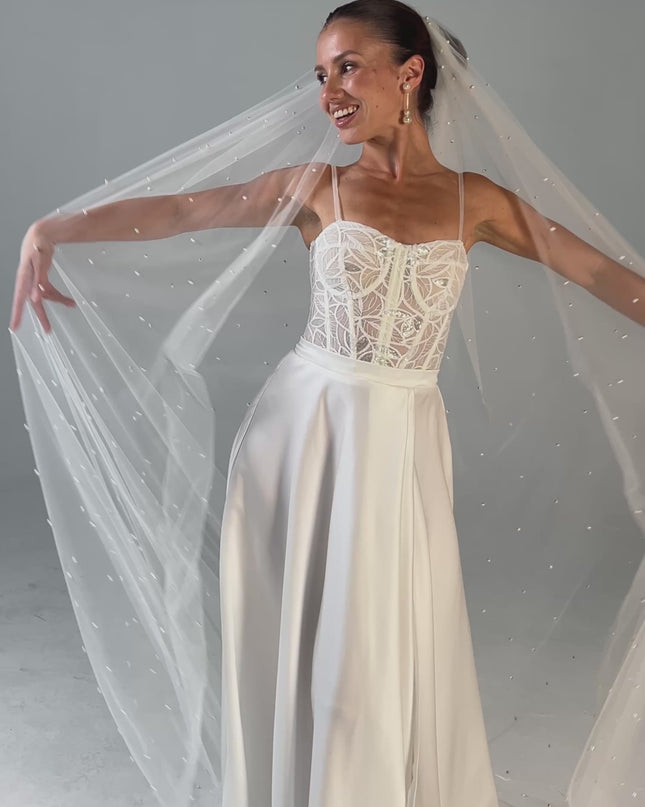 Handmade Ivory Pearl Wedding Veil | Italian Tulle, Chapel Length