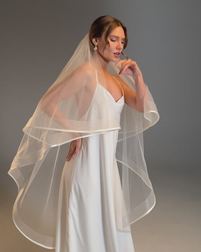 Cascading Veil with Satin Ribbon | Wedding Veil with Horsehair Trim | Elegant Flowing Design