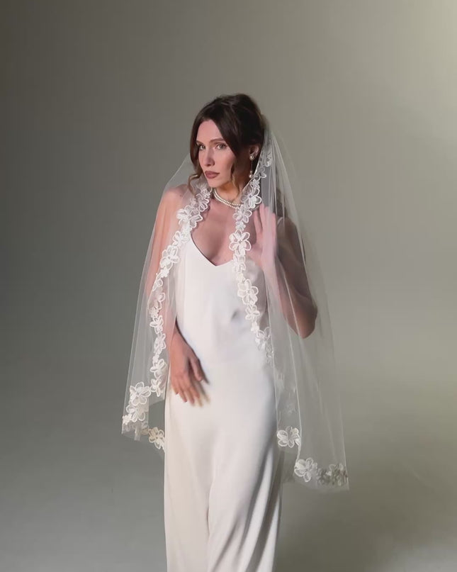 One Tier Cascade Bridal Veil with Lace Floral Appliqués | Romantic Wedding Veil