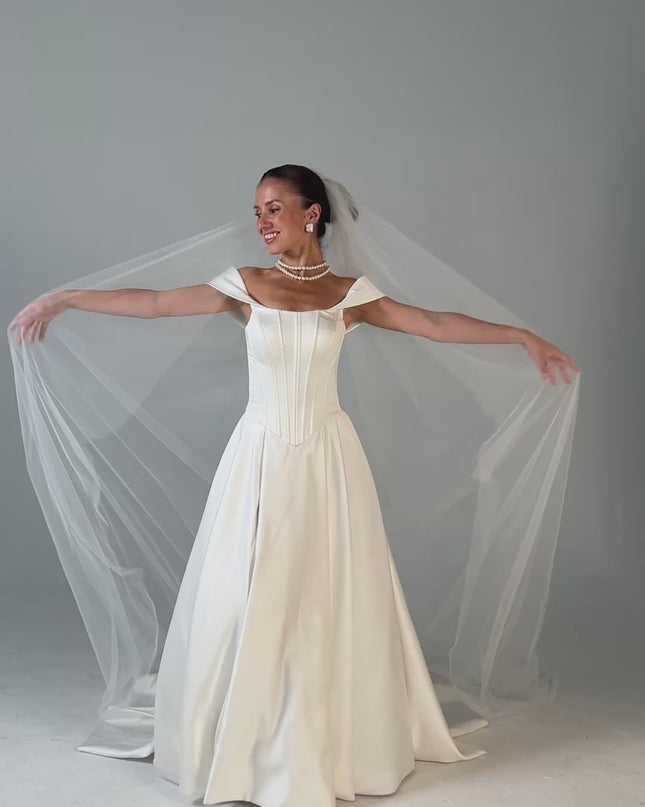 Handmade Italian Tulle Cathedral Veil — One Tier Long Ivory Bridal Veil with Cut Edge